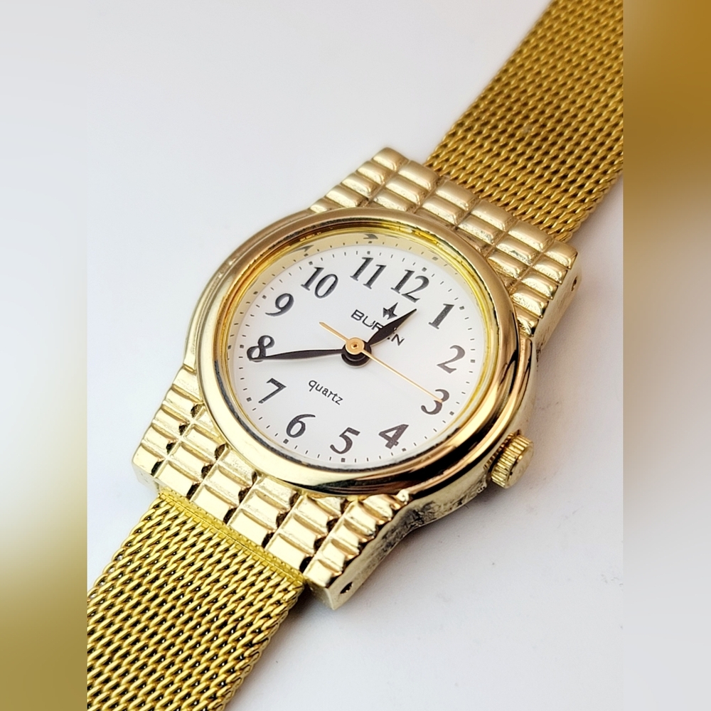 Vintage Buren Ladies Quartz Watch Gold Tone White Arabic Dial Swiss Dress